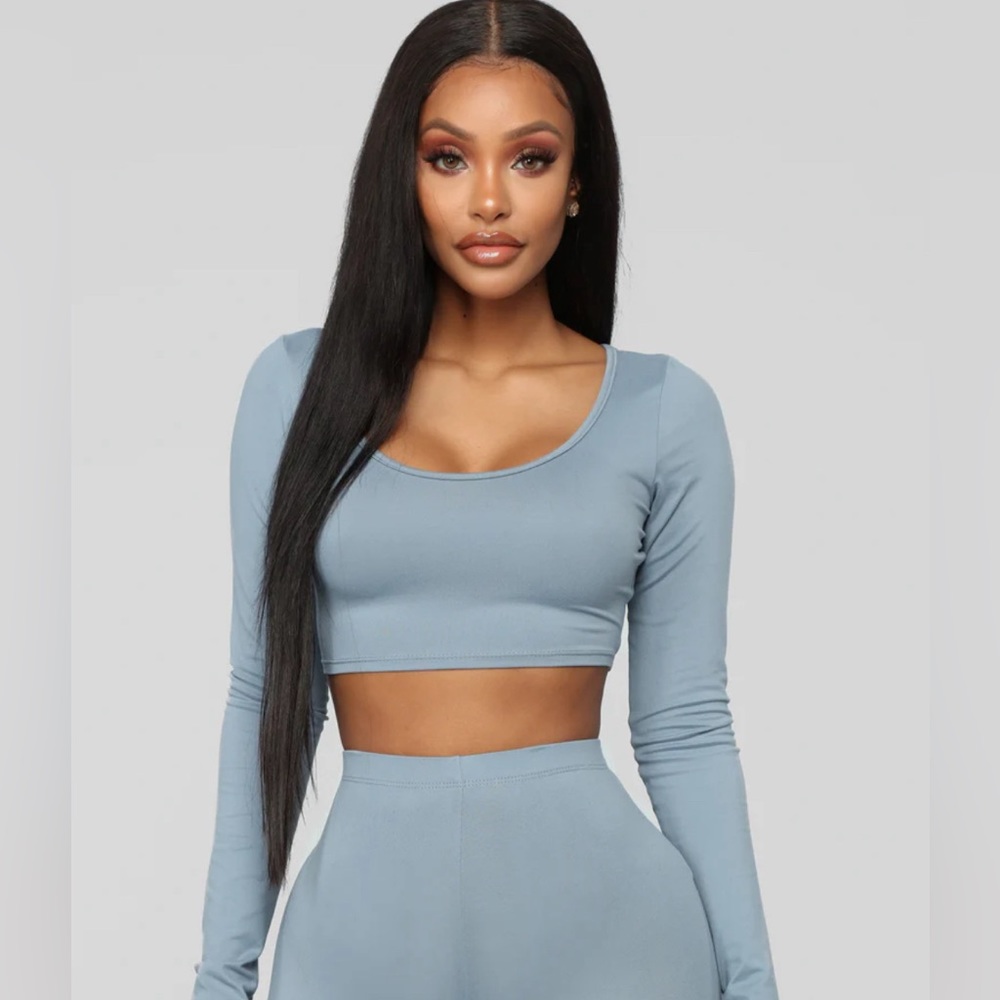90 Degree By Reflex Women Long Sleeve Scoop Neck Ribbed Knit Blue Crop Top Sz M
